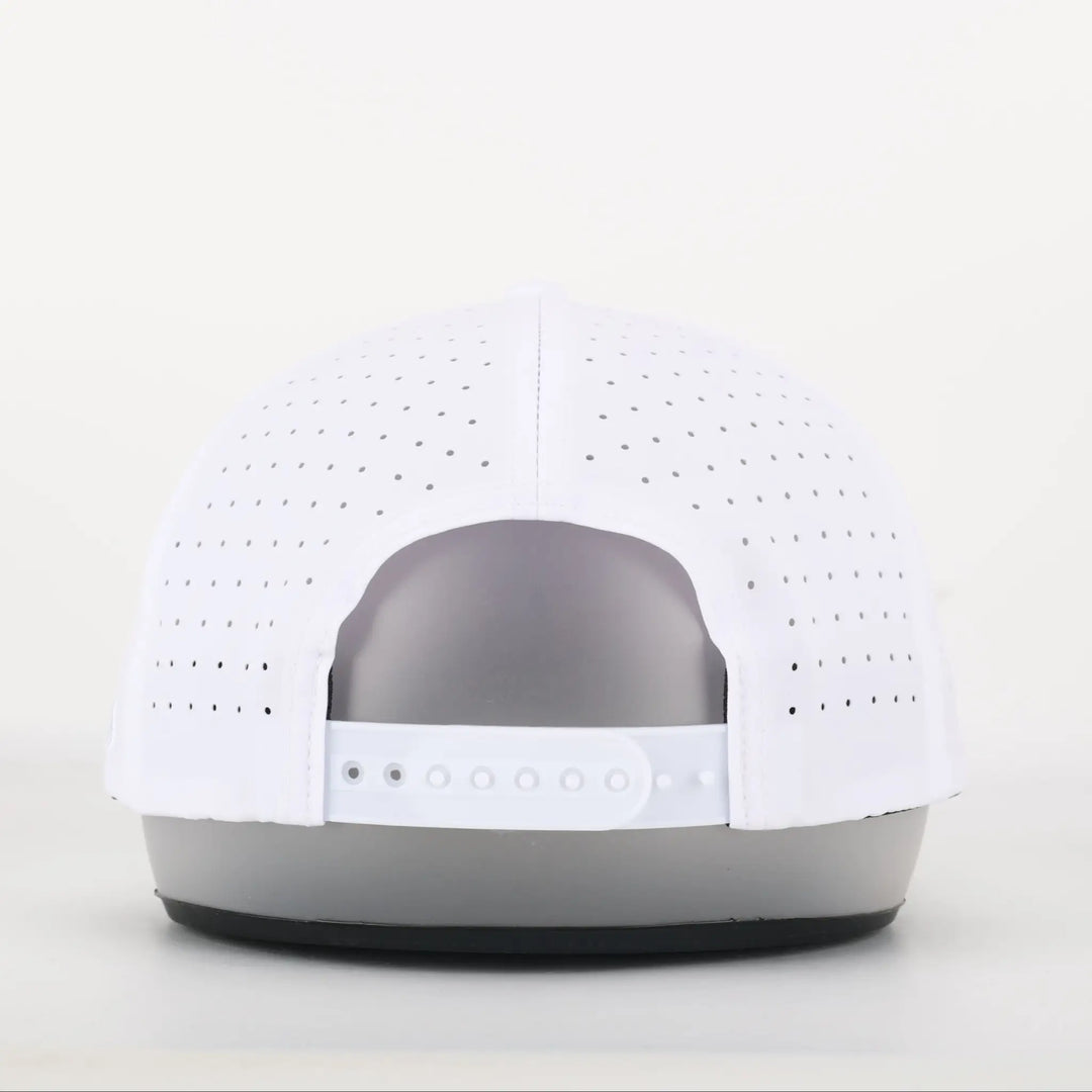 Back view of a white perforated adjustable Finish Line Series Hat - White on a display stand.