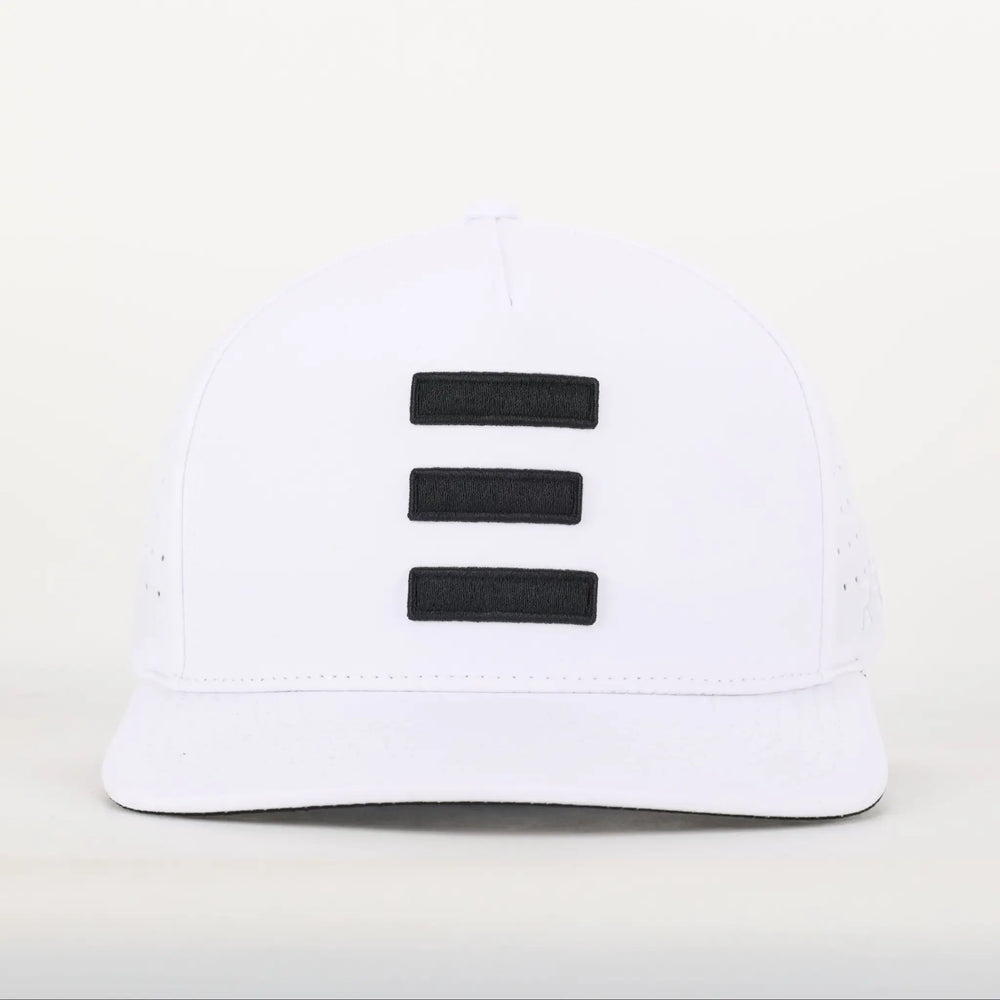 Finish Line Series Hat - White with three black horizontal bars on the front and a structured flat brim design.