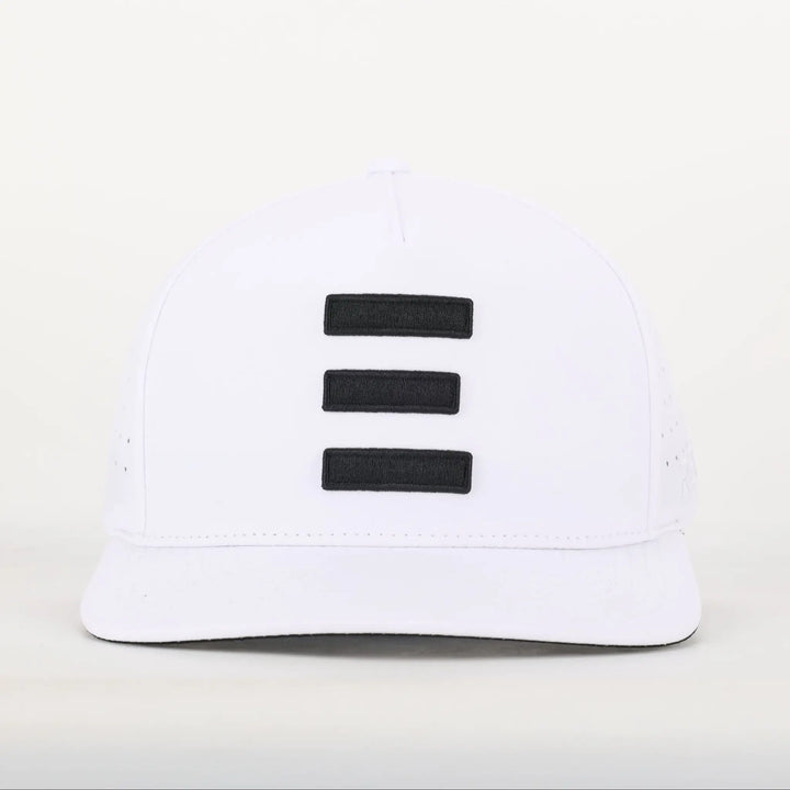 Finish Line Series Hat - White with three black horizontal bars on the front and a structured flat brim design.