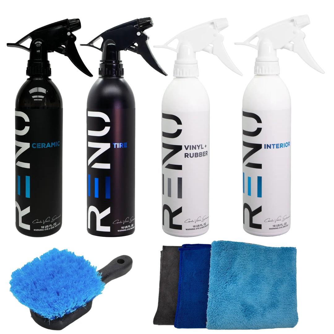 Full Protection Kit with spray bottles for ceramic, tire, vinyl, interior care, plus brushes and microfiber cloths.