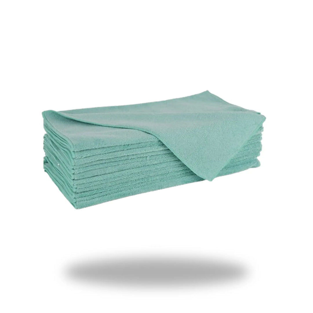 Stack of folded green microfiber cloths with one corner flipped over, showcasing texture of Green Ultra Microfiber