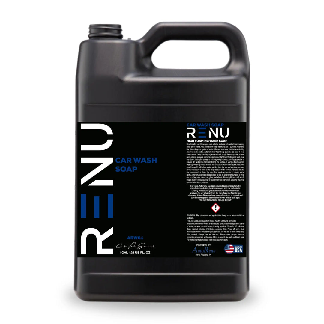 Black 1-gallon jug of High Foaming Car Wash Soap with a blue and white label and built-in handle.