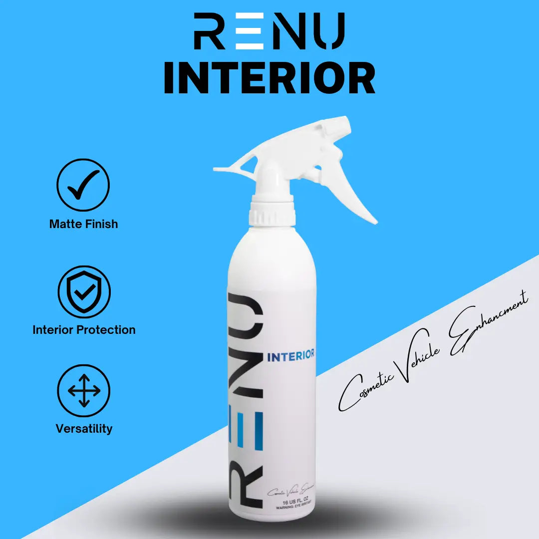 White spray bottle of INTERIOR by RENU against blue background with product features and cosmetic vehicle enhancement text