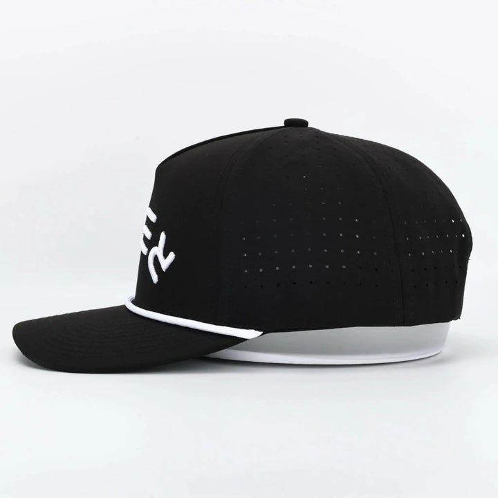 Black perforated cap with white accents and logo embroidery, stylish Invert Black design shown from side view