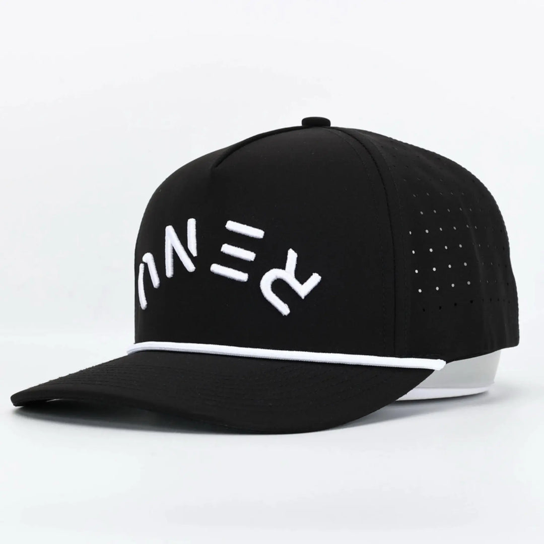 Invert Black black cap with white embroidered abstract lettering and perforated side panels