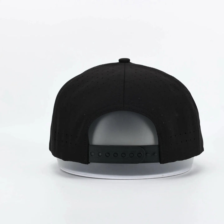 Invert Black snapback cap shown from the back with adjustable strap and breathable perforated fabric.