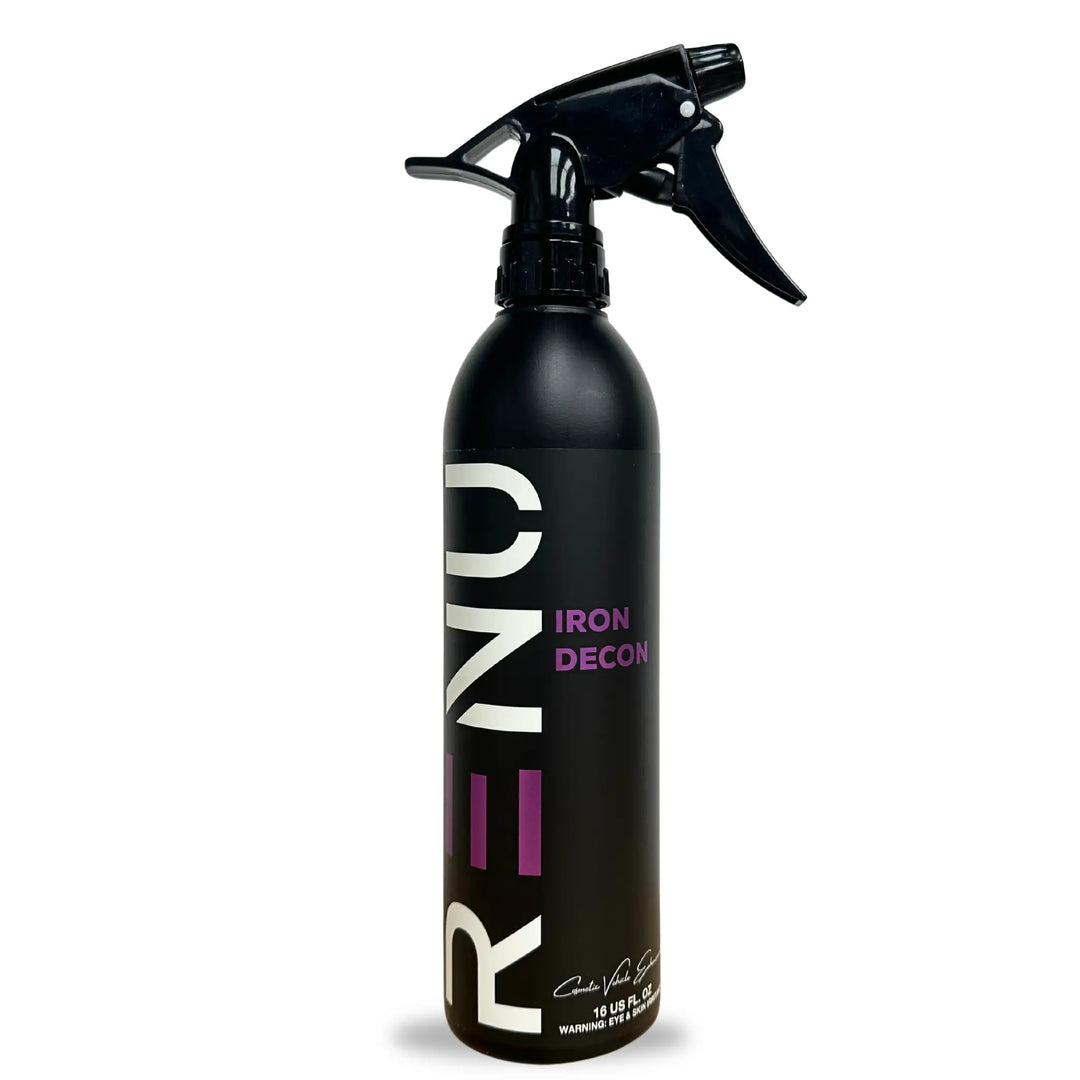 Black spray bottle labeled Iron Decon with a trigger nozzle for cleaning or decontaminating surfaces.