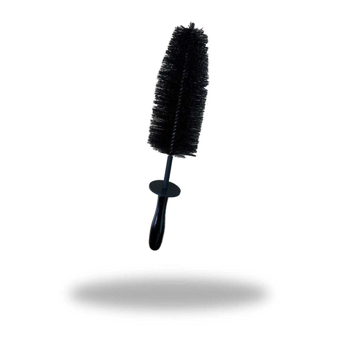 Spoke & Wheel Barrel Brush with black bristles and handle designed for cleaning bicycle spokes and wheels efficiently.
