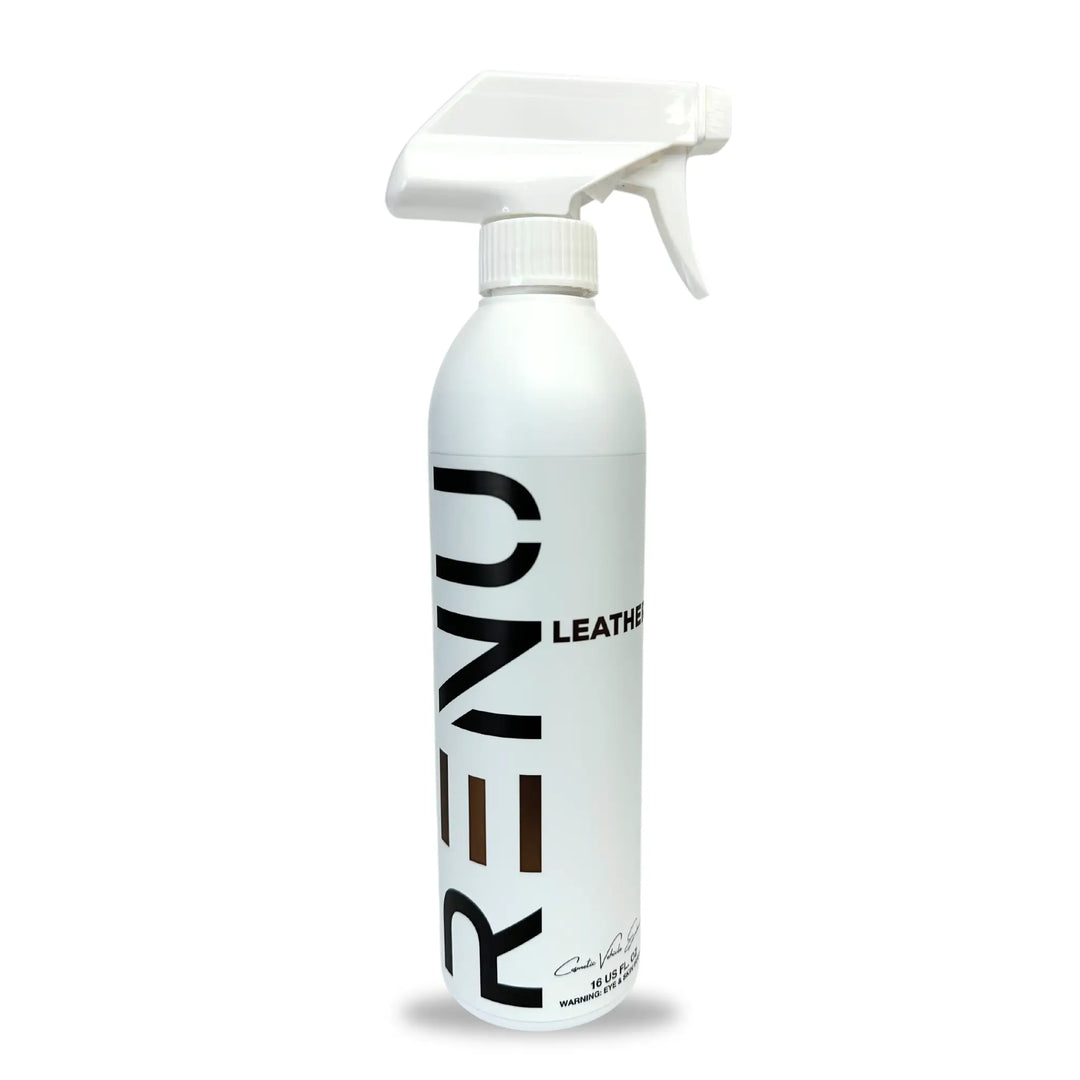White spray bottle labeled with RENU Leather for cleaning and conditioning Leather products