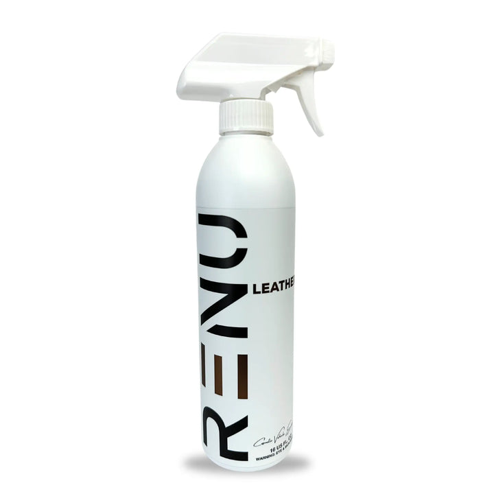 White spray bottle labeled with RENU Leather for cleaning and conditioning Leather products