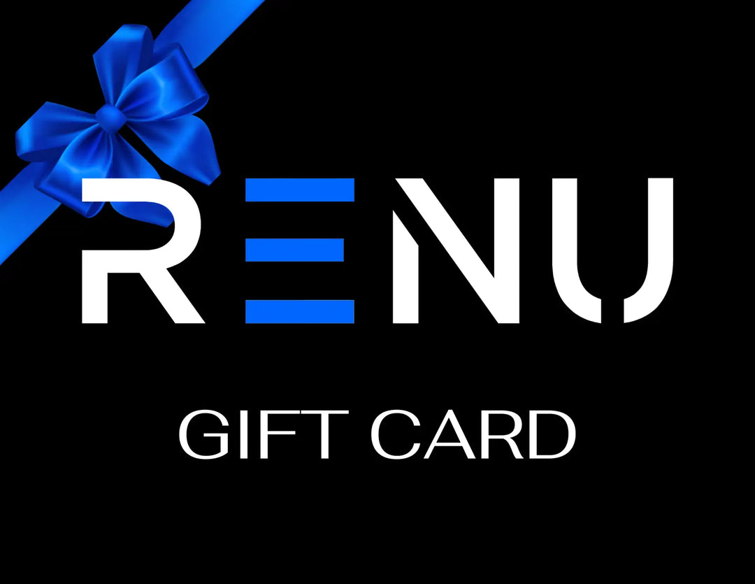 RENU Gift Card with modern white and blue text on black background, decorated with a blue elegant ribbon bow.