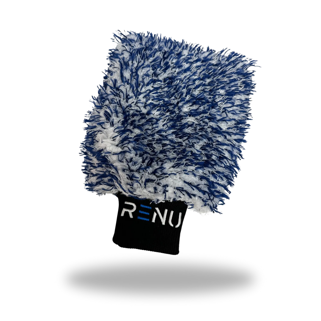 RENU Microfiber Wash Mitt with blue and white soft microfiber strands and a black cuff with RENU logo