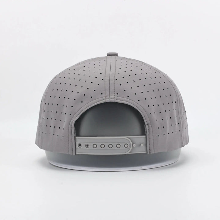 Back view of a Script Grey perforated adjustable snapback cap on a display stand against a white background
