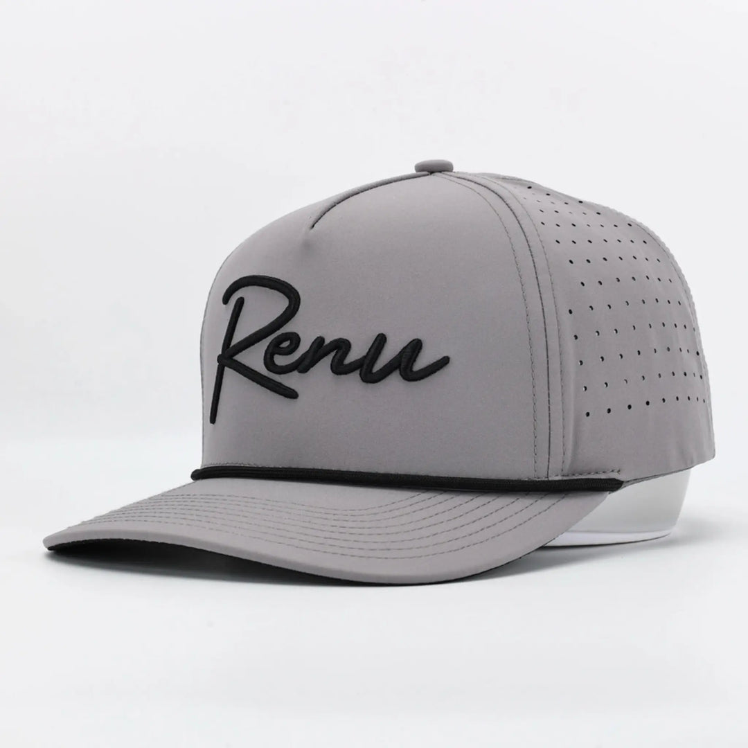 Script Grey cap with black "Renu" embroidered logo and perforated side panels for ventilation.