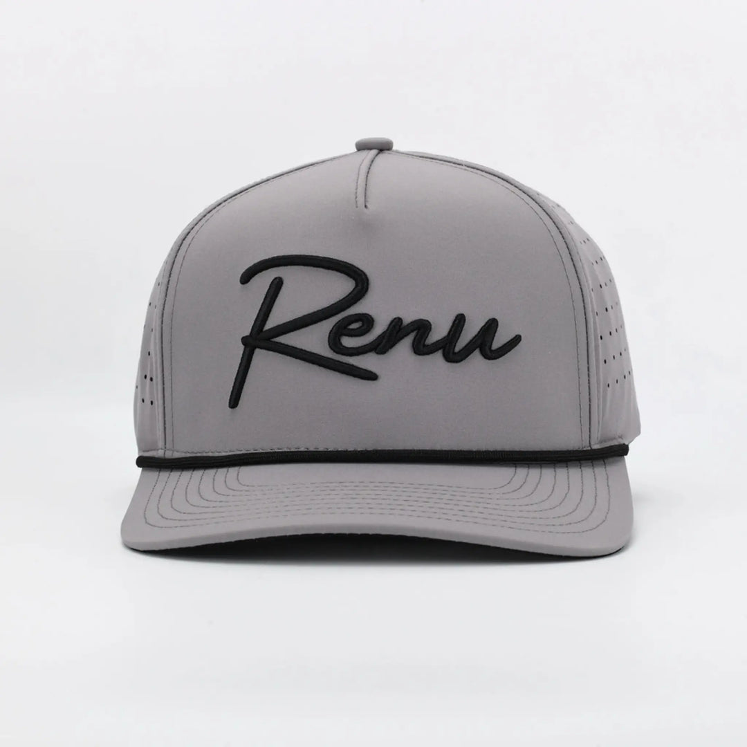 Script Grey cap with black "Renu" text embroidered on the front and perforated sides for breathability