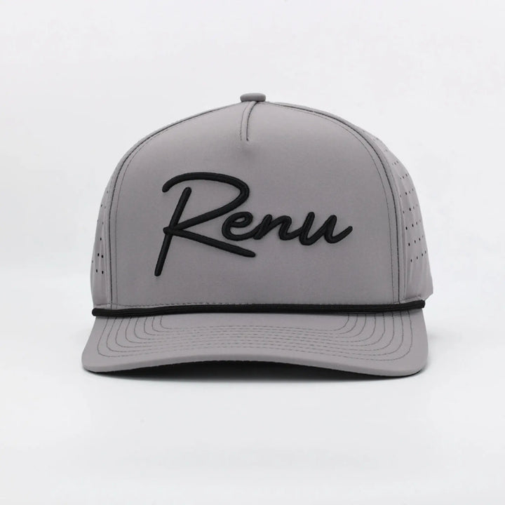 Script Grey cap with black "Renu" text embroidered on the front and perforated sides for breathability