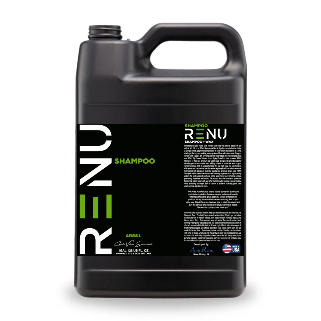 Black large container of Shampoo + Wax with green and white branding and detailed product information label