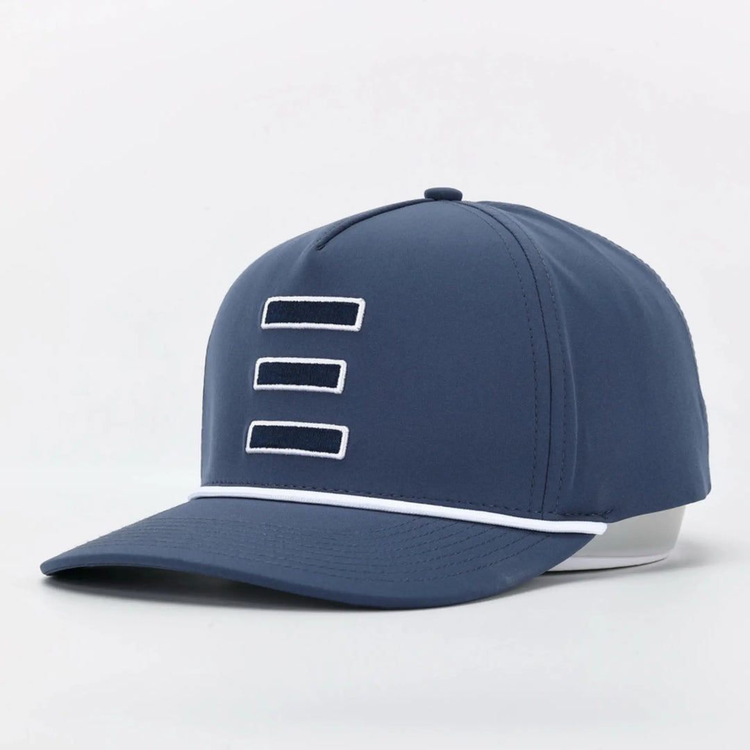 Signature Blue baseball cap with three horizontal stripes and white trim on the brim and back strap