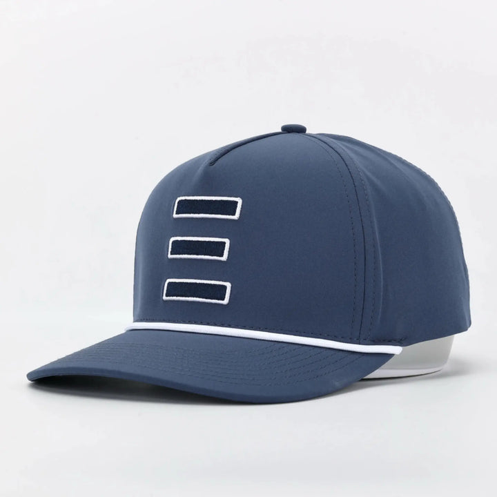 Signature Blue baseball cap with three horizontal stripes and white trim on the brim and back strap