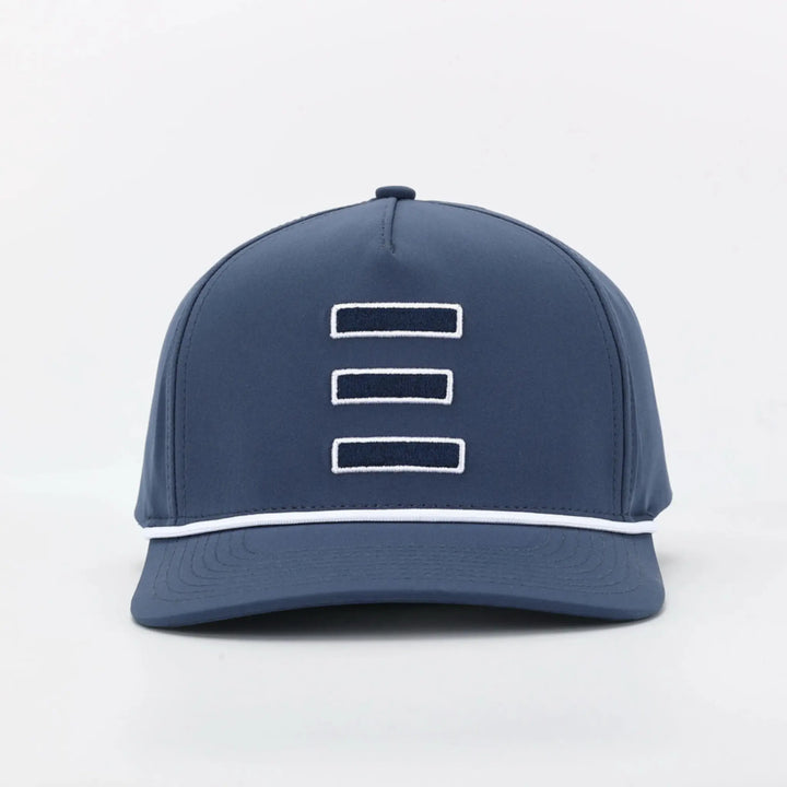 Signature Blue cap with three horizontal white outlined bars and white piping above the brim
