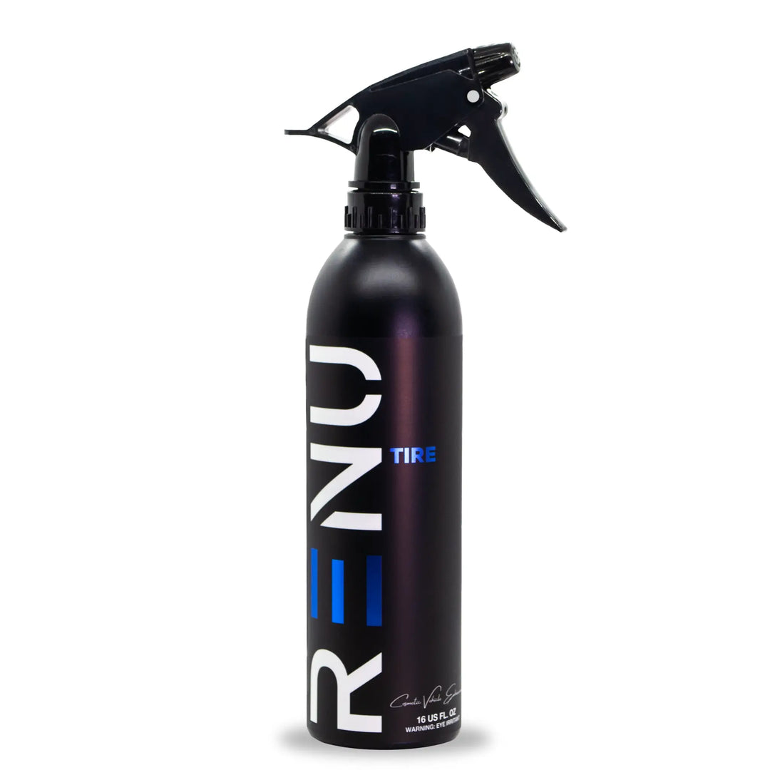 Black spray bottle labeled TIRE with RENOL branding and trigger nozzle for tire care or cleaning product