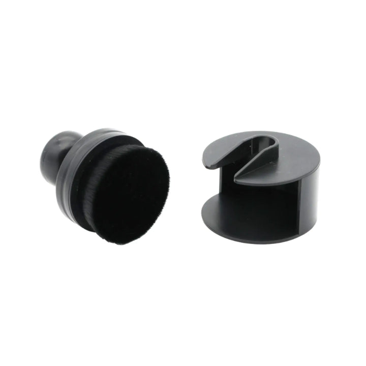Tire &amp; Trim Applicator Brush with soft black bristles and a detachable black plastic cover for easy storage and use.