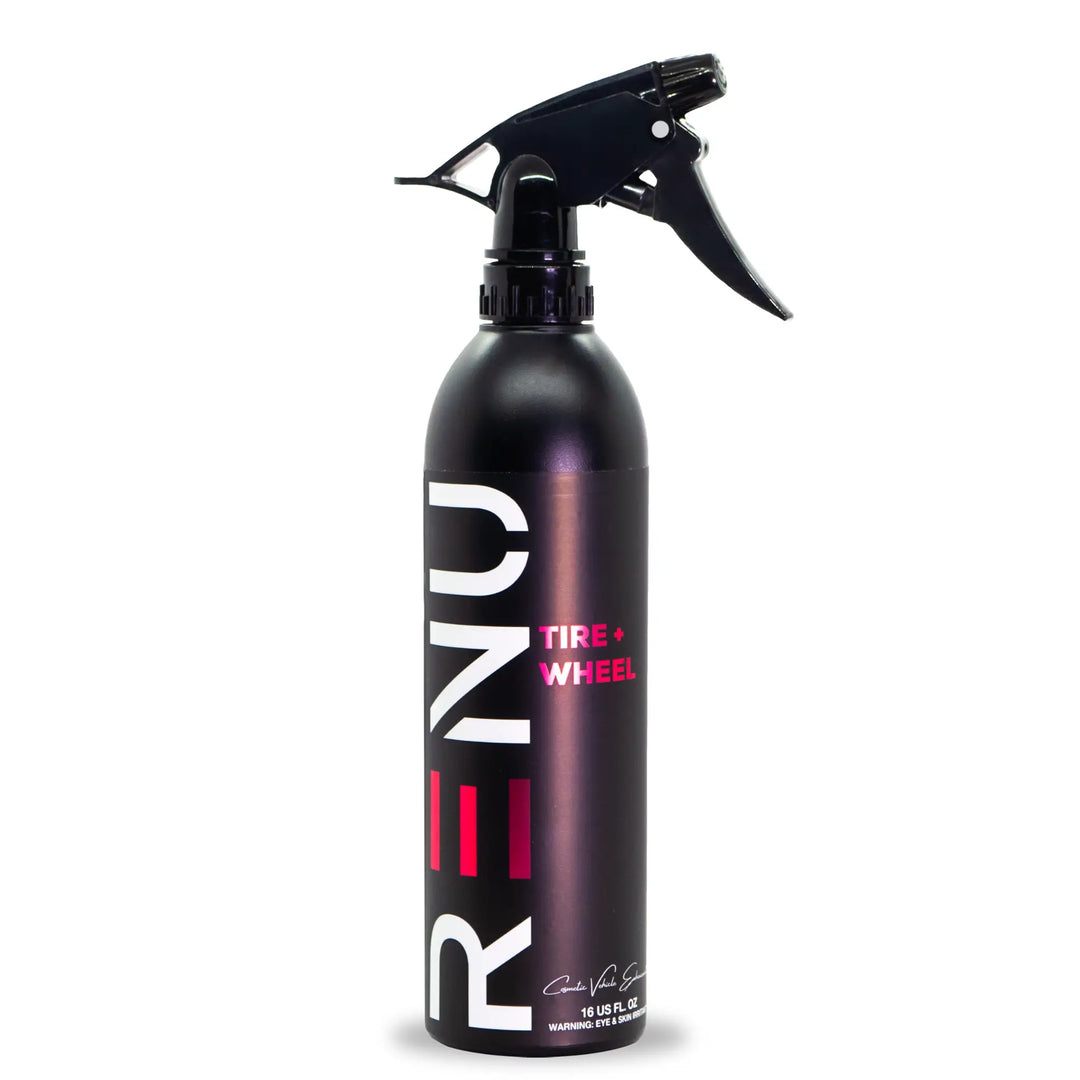 Black spray bottle with RENU branding labeled TIRE + WHEEL for tire and wheel cleaning product