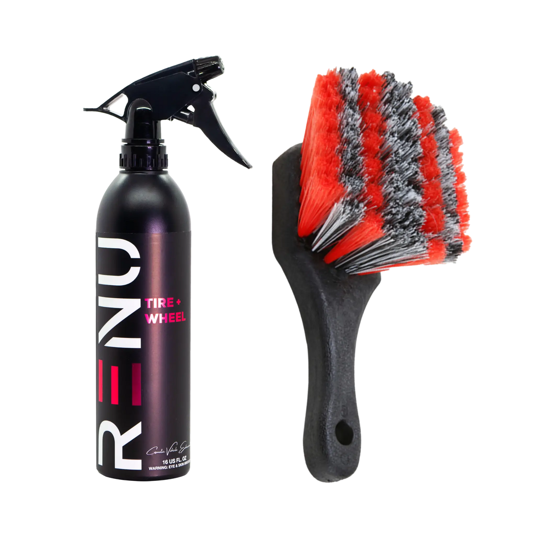 Tire + Wheel Cleaning Kit with black spray bottle and red-gray bristle brush for effective tire and wheel cleaning.