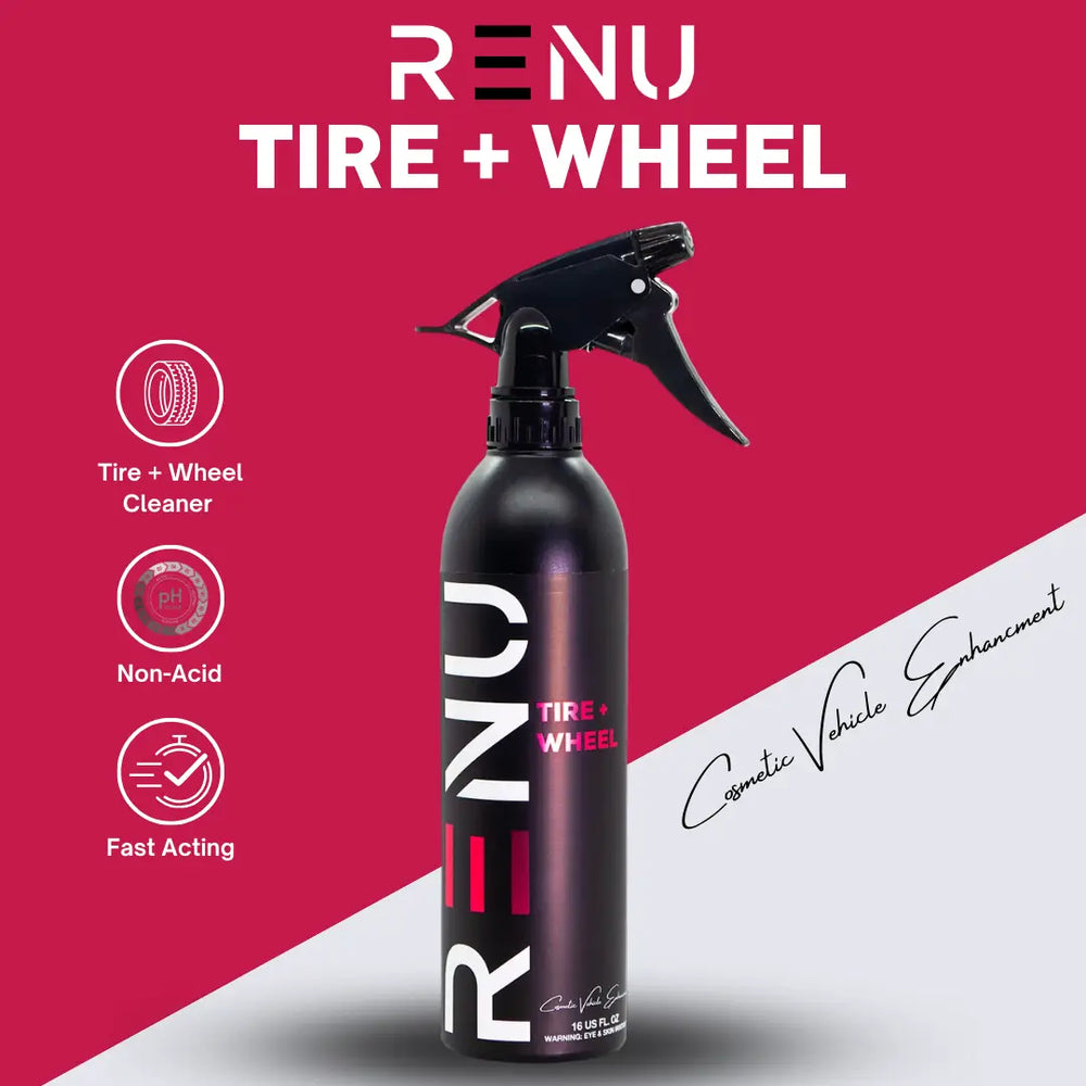 Black trigger spray bottle of RENU TIRE + WHEEL cleaner against red and gray background with product benefits text