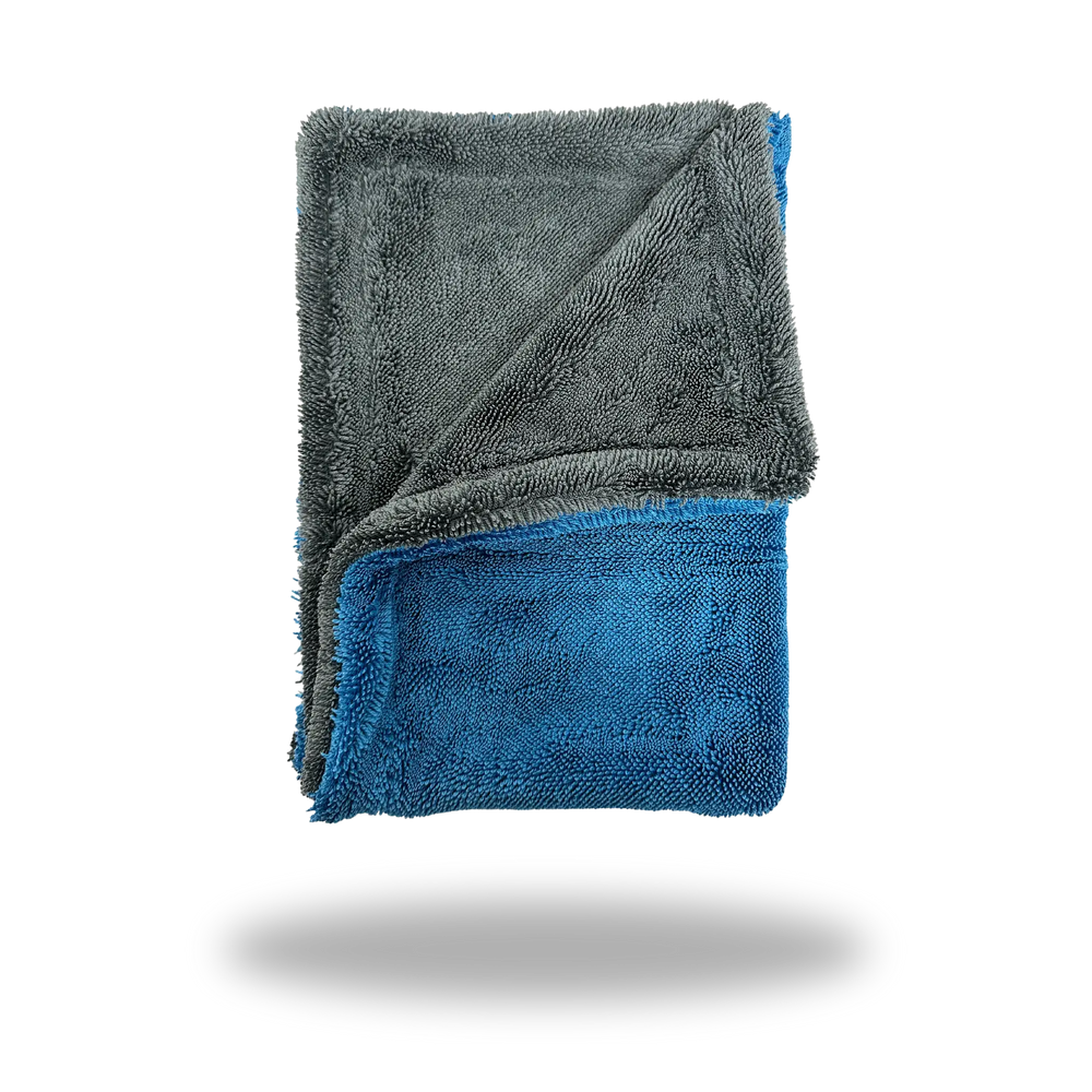 Twisted Loop Dual-Face Microfiber Drying Towel with soft gray and blue textured sides for versatile use