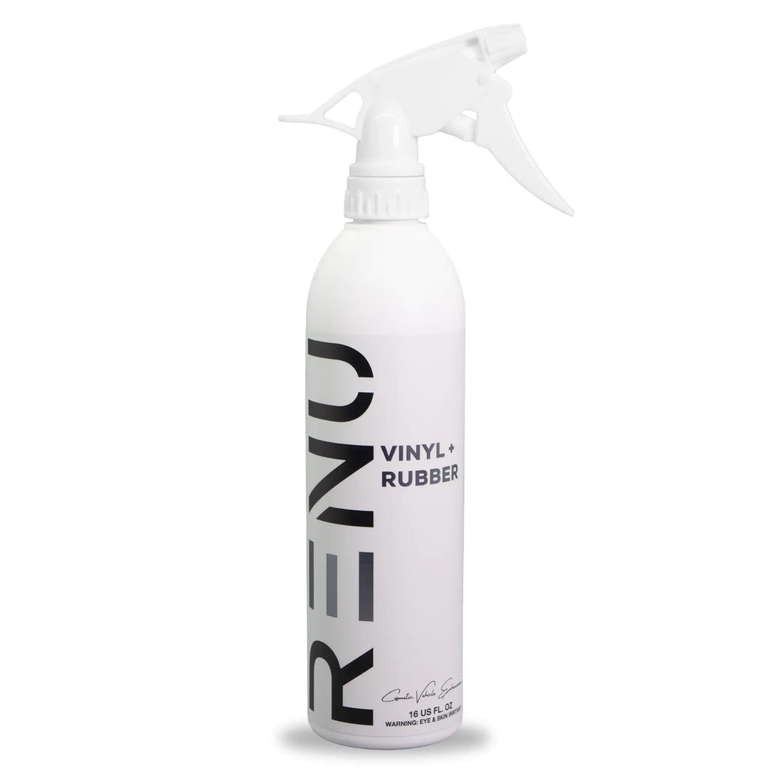 White spray bottle labeled RENO VINYL + RUBBER cleaner and protectant for vinyl and rubber surfaces