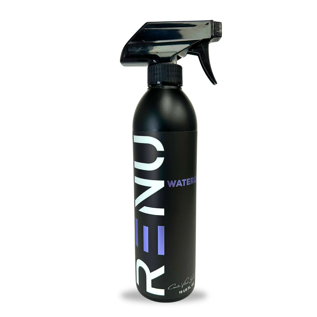 Black spray bottle labeled RENU with Waterless Wash text, designed for cleaning without water use.