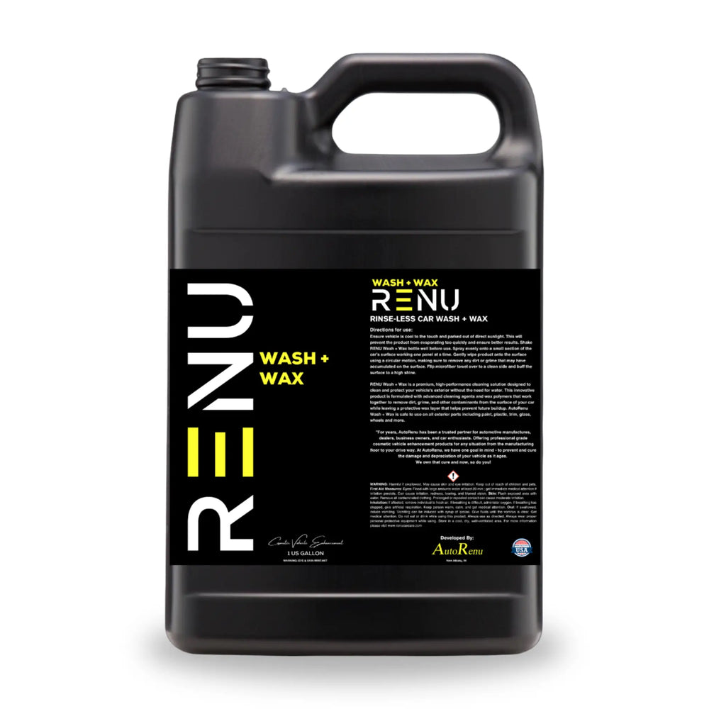 Black 1-gallon container of WATERLESS WASH + WAX CONCENTRATE with a yellow and white label design