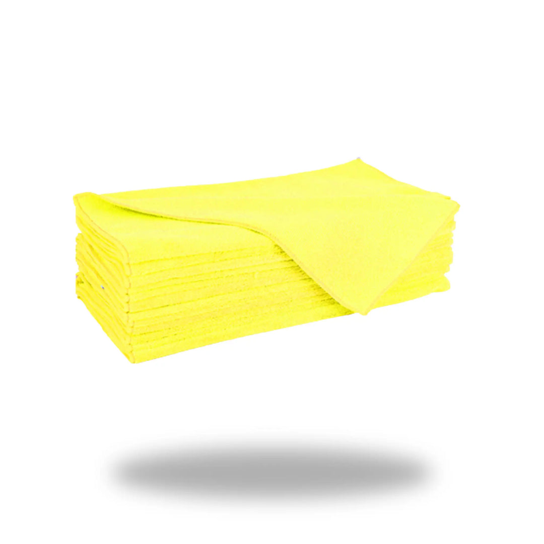 Stack of clean Yellow Ultra Microfiber cloths neatly folded with one cloth partially unfolded on top.